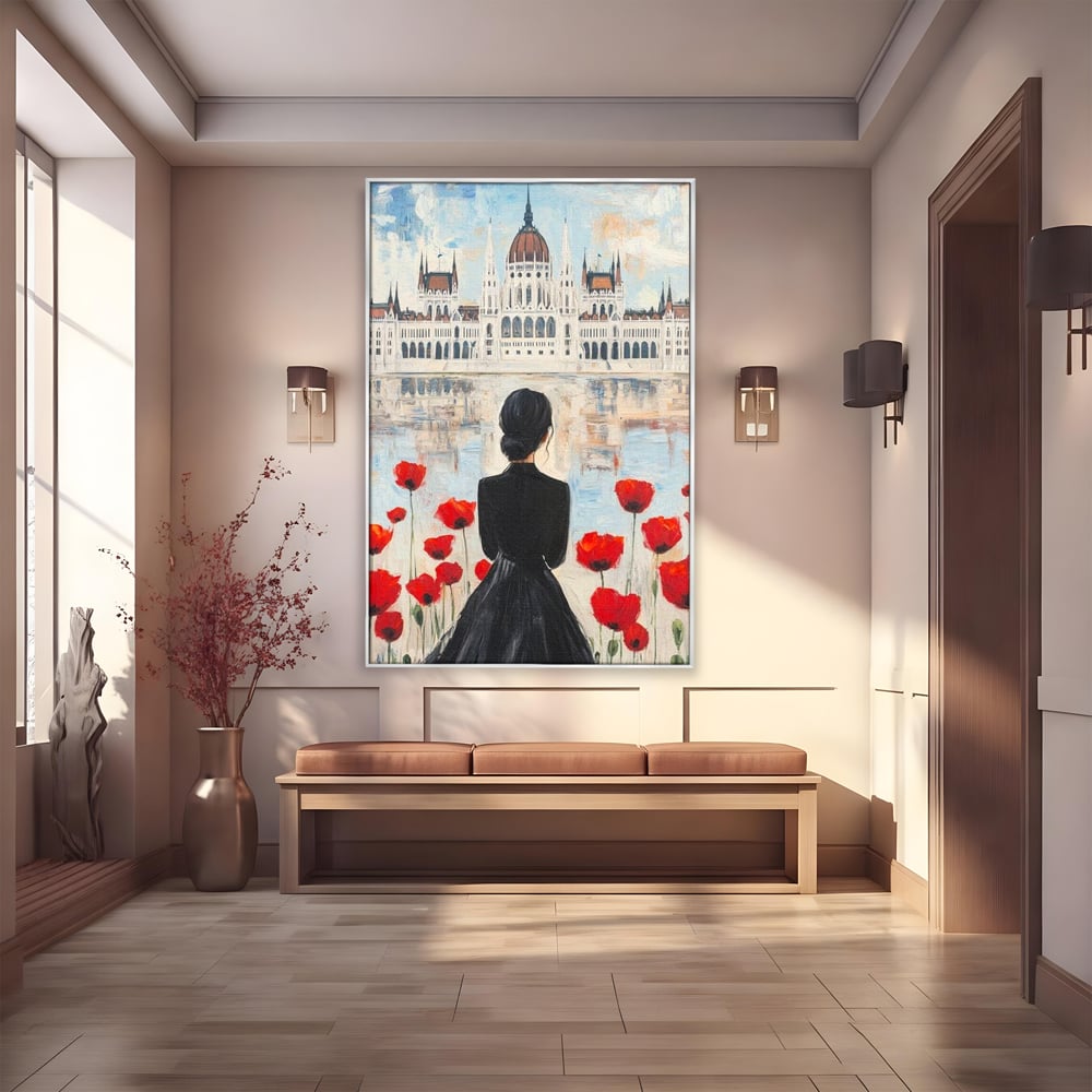 Tablou canvas cu tablou canvas cu femeie si maci, in rama de aluminiu argintiu